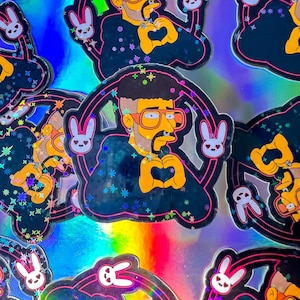 Bad Bunny Holographic Stickers, The Simpsons Stickers, Holographic Stickers, Bad Bunny Stickers, Weatherproof Stickers, Vinyl Stickers