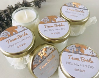 10 Personalised Hen Party Candles, Hen Party favours- with Metallic Foil finish- bachelorette party favours, Bride Tribe, Team Bride favours