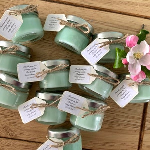 10 Personalised mini candles with tied labels, wedding favours, baby shower favours, hen party favours, personalised candles,  party favours