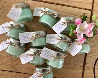 10 Personalised mini candles with tied labels, wedding favours, baby shower favours, hen party favours, personalised candles,  party favours