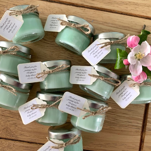 10 Personalised mini candles with tied labels, wedding favours, baby shower favours, hen party favours, personalised candles,  party favours