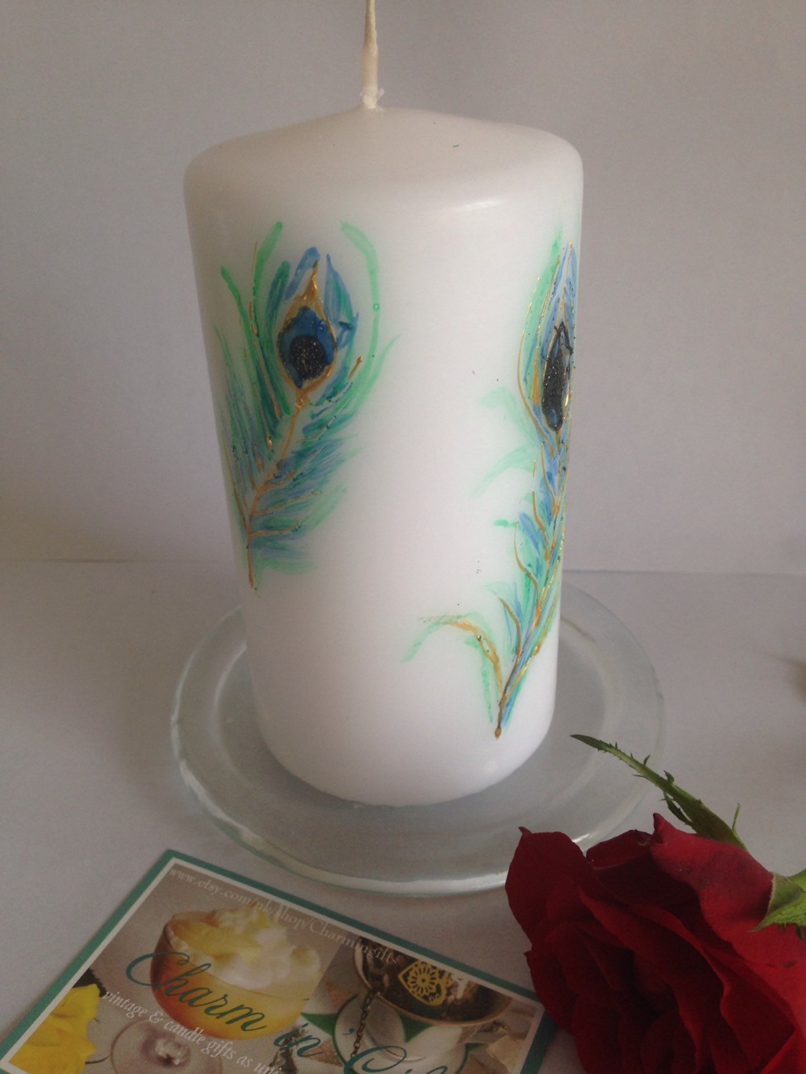 Hand Painted Candle Peacock Feather Motif Candle One of a Etsy
