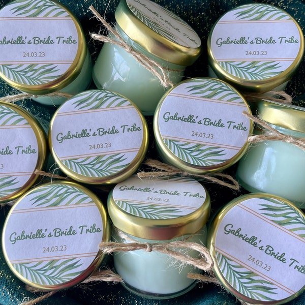 10 Personalised Hen Party Candles, Hen Party favours- with Exotic Jungle finish- bachelorette party favours, Bride Tribe, Team Bride favours