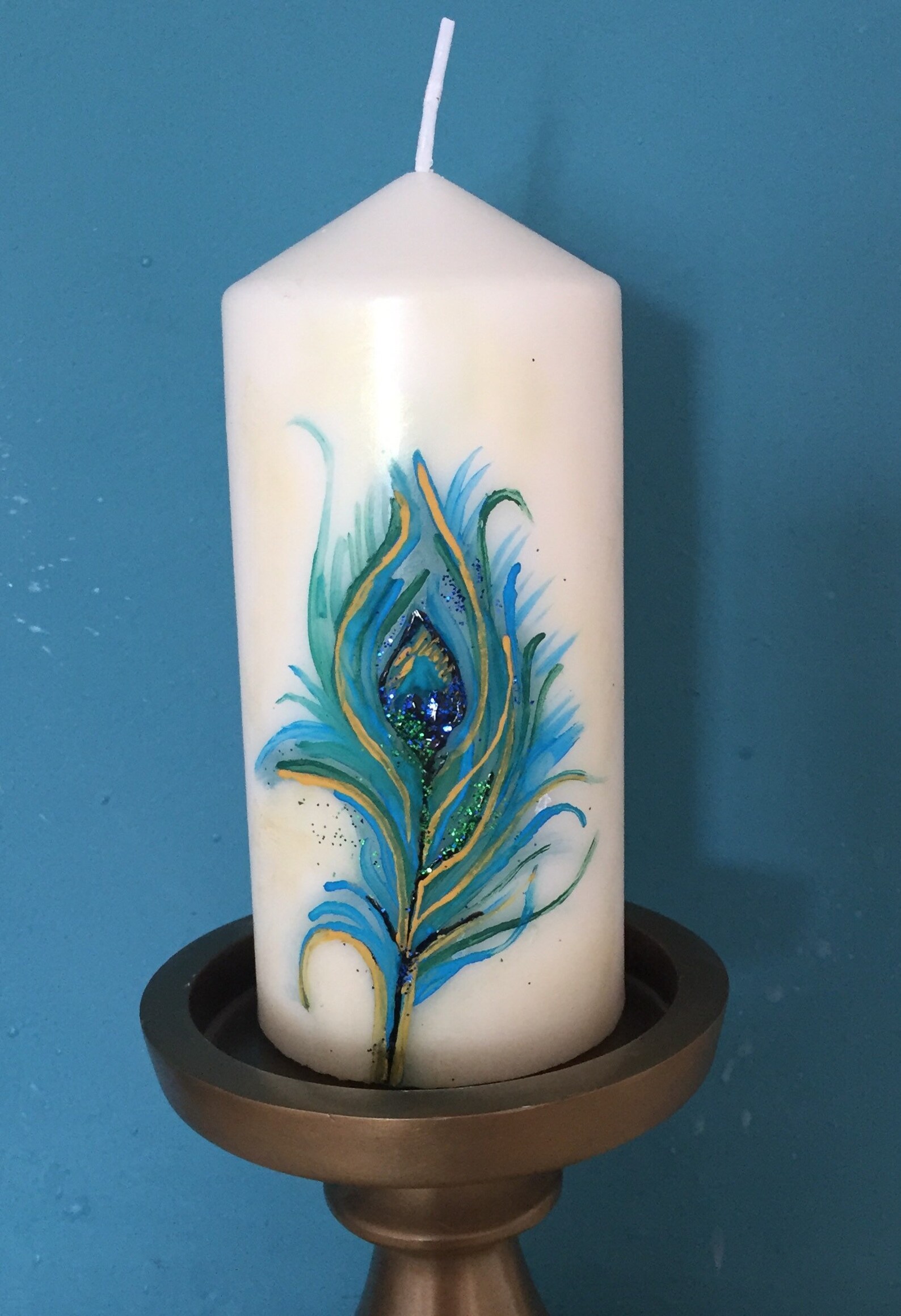 Hand Painted Candle Peacock Feather Motif Candle One of a Etsy
