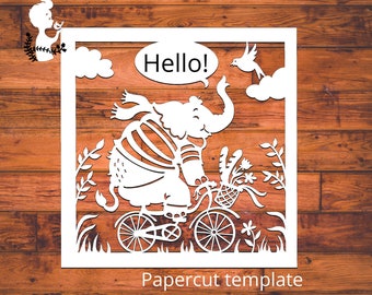 Parisian Elephant, DIY Digital Papercut Template, PDF, Digital file, 12 X 12 cms, papercut template, Personal use