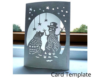 DIY Christmas Papercut Template: Bear and Snowman, Christmas Greeting card, Personal use