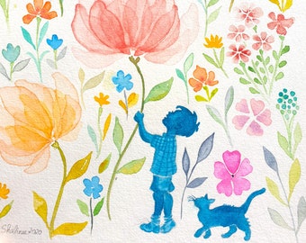 Original Watercolor Art, Floral Art, Boy and Cat Art, Cat Art