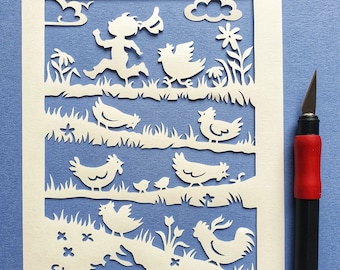 Originele Papercut - The Egg Stealer- Handcut 19 X 14 cm Papier illustratie Farm Art, Handgemaakt