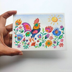 Coq polonais Art populaire Aquarelle Art traditionnel coloré Europe de l’Est