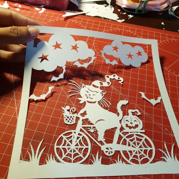 Halloween Kitty on Bike A4 PDF Papercut template, Cat art, Instant Download, DIY