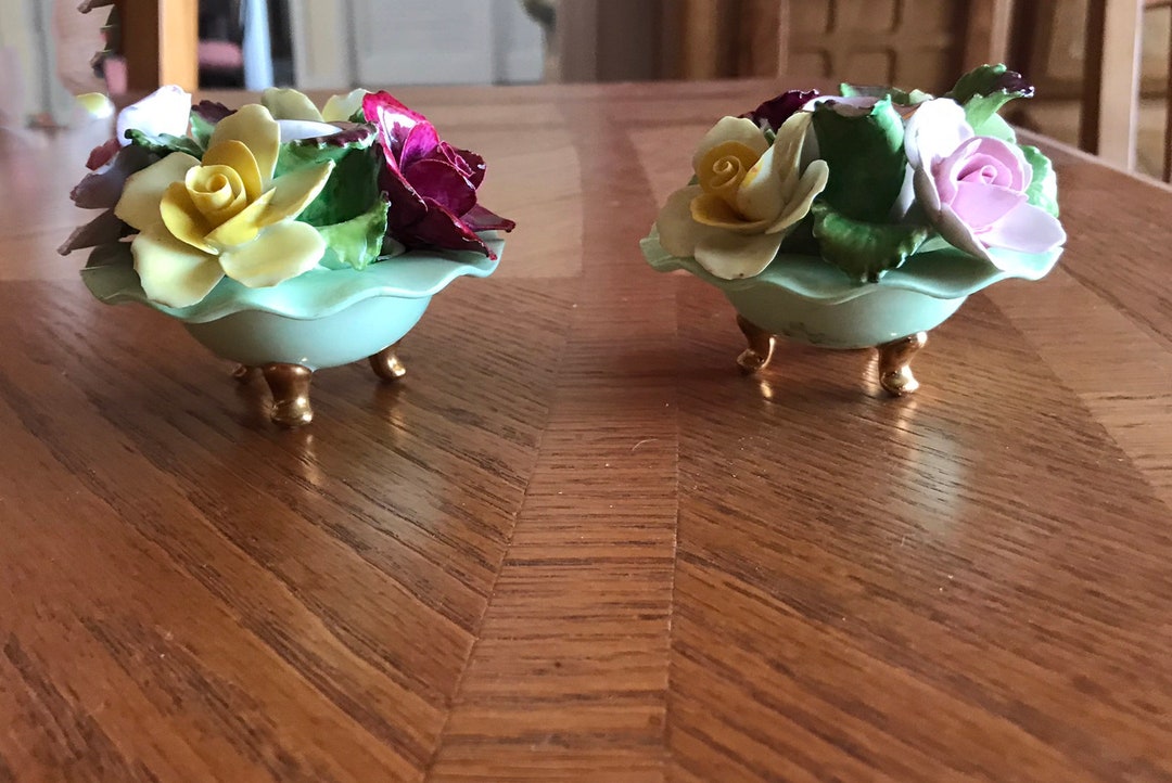 Pair of Best Bone Denton Fine China Candle Holders With Roses England