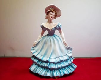 May include: A porcelain figurine of a woman in a light blue and white dress with ruffled layers. She wears a matching hat with floral accents and white gloves. The figurine has a vintage aesthetic.