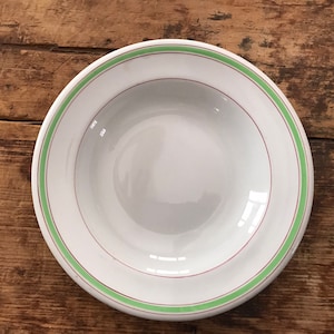 Grindley soup bowl. Green and red stripes on white. Vitrified Hotelware | Restaurantware made in England.