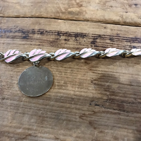 CORO Pink Enamel Wrist Charmer Leaf Link Bracelet Vintage 1960’s