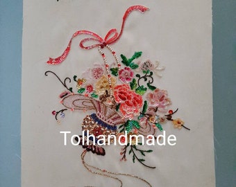 Vintage Chinese handsewn wall tapestry. Seed beads and sequins.