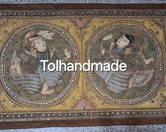 Vintage Burmese Kalaga tapestry of dancing couple