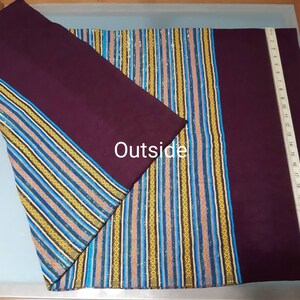 May include: Plum-coloured fabric with a striped pattern in blue, gold, and tan. The word "Outside" is visible. A ruler shows measurements up to 68.5 cm.