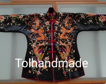 Vintage Chinese silk embriodery dragon and phoenix costume. Handembriodered coat and skirt