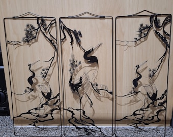 Vintage Chinese Iron crafted birds picture. Set of 3