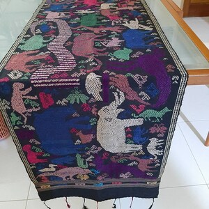 Vintage Laos woven silk table runner. Supplementary welt weaving. Animal Kingdom.