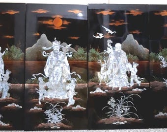 Vintage Vietnamese handmade mother of pearl lacquer Art. 4 panels
