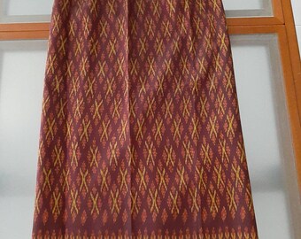 Thai mudmee woven Ikat silk wrap skirt or sarong, ready to wear. Dark Marron.