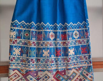 Vintage Laos Cotton Silk Wrap Skirt, Turquoise Tribal Design