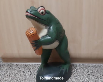 Vintage Indonesian Folk Wood Carving. Singing Frog With Microphone