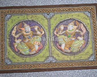 Vintage Burmese Kalaga tapestry of dancers in traditional costumes