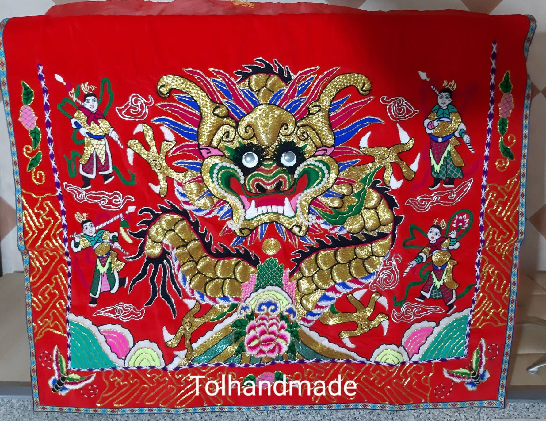 Vintage Buddhist Altar Table Cloth. Peranakan Tokwi. Couched
