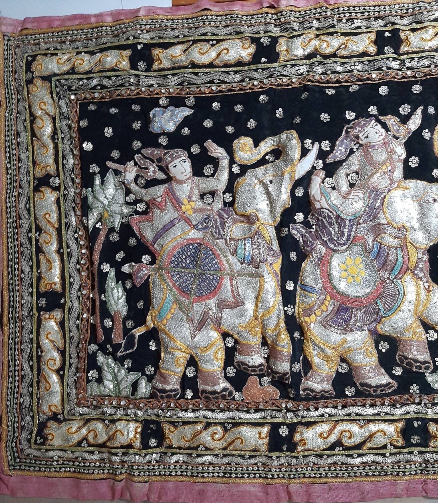 Vintage Thai Tapestry of 4 Hunting Elephants. Handmade Kalaga. Etsy