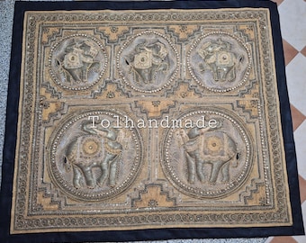 Vintage Burmese Kalaga tapestry of five elephants. Large Size.
