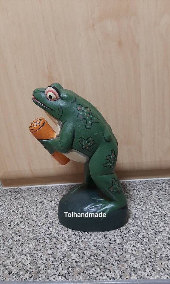 Vintage Indonesian Folk Wood Carving. Singing Frog With Microphone