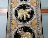 Vintage Burmese handmade Kalaga tapestry, Three happy elephants
