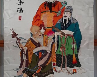 Vintage Chinese silk hand embriodery wall hanging, Fu Lu Shou tapestry. Large size.
