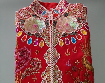 Vintage Oriental dragon and phoenix Jacket / Skirt. Beads and sequins handsewn. SIZE S