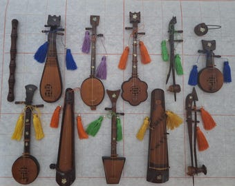 Vintage Vietnamese Miniature Wooden Musical Instruments ensemble. Handmade Collectibles. Longest length 5 inches