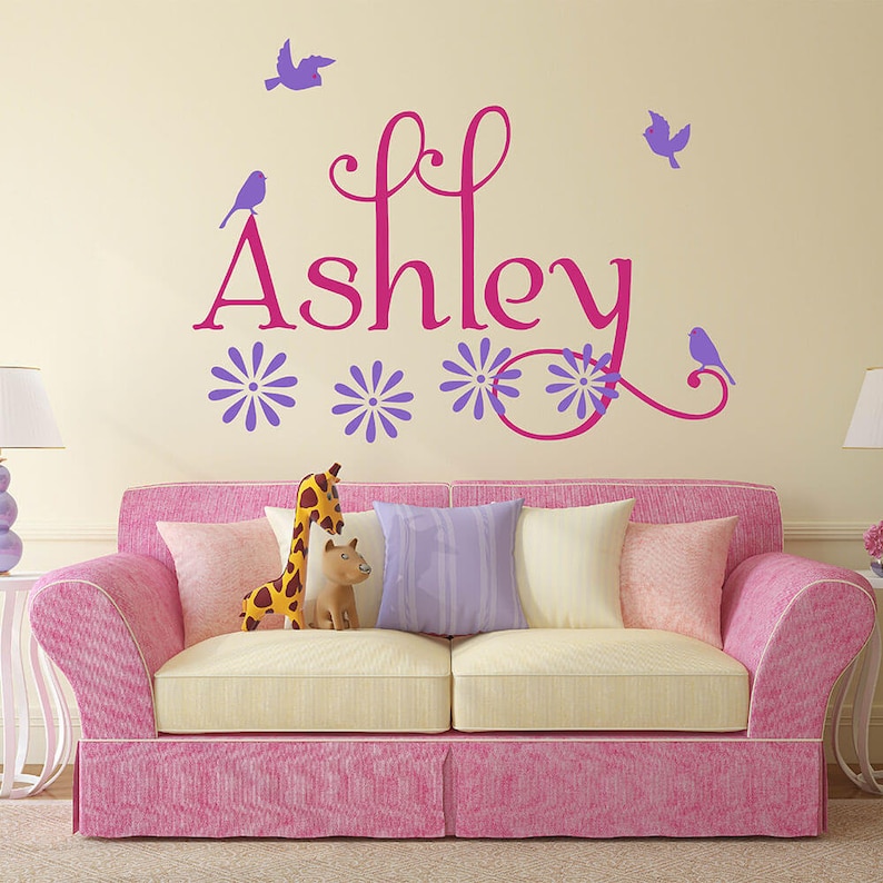 Personalised Girl Name with Birds and Flowers Flying Birds and Flowers Wall Decal for Bedroom-Custom Girl Name Nursery wall decal #835C