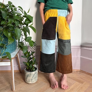 Kids Patchwork Cords -Blue, Green and Yellow  - Repurposed Fabrics - Sustainable Kidswear