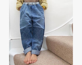 Handgjorda barnjeans i återvunnen denim: Patchwork Baggy Fit (2-12 år)