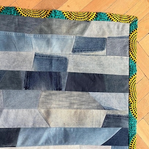 Vintage denim patchwork quilt, baby blanket, play mat - cosy lining, sustainably recycled