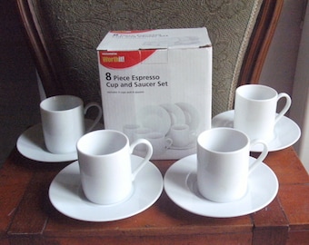 1990s UNUSED-CollectibleWOOLWORTHS(Store now closed)orig.box with logo/glazed white pottery 8-Piece ESPRESSO(small)Cup& Saucer Set.One owner