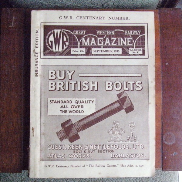 1935 Original vtg-Not repro/not copy.Great Western Railway(GWR) CENTENARY number magazine-Insurance edition-Vol.XLV11 No.9-ONE family owner.