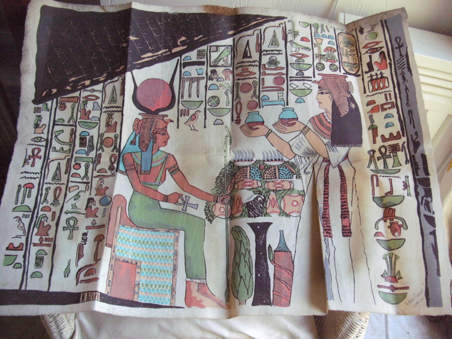 1960's Vintage-Unusual Magnifique, Orig., V.tissu Coloré de Style Épais Faux Ancient Egyptian Artwor