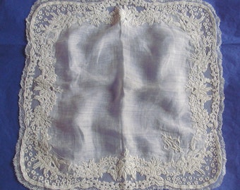 1800s Victorian-FRENCH-Exquisite,quality,antique HAND-WORKED/EMBRoIDERED ivory tulle & lace + batiste bridal handkerchief/monogram/heirloom.