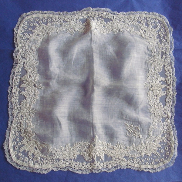 1800s Victorian-FRENCH-Exquisite,quality,antique HAND-WORKED/EMBRoIDERED ivory tulle & lace + batiste bridal handkerchief/monogram/heirloom.