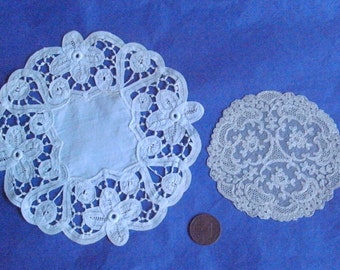 1800s VICTORIAN - FRENCH Two adorable,antique, petite " boudoir" doilies. One NORMANDY lace/One poss. DuCHESSE lace/ similar. Excellent