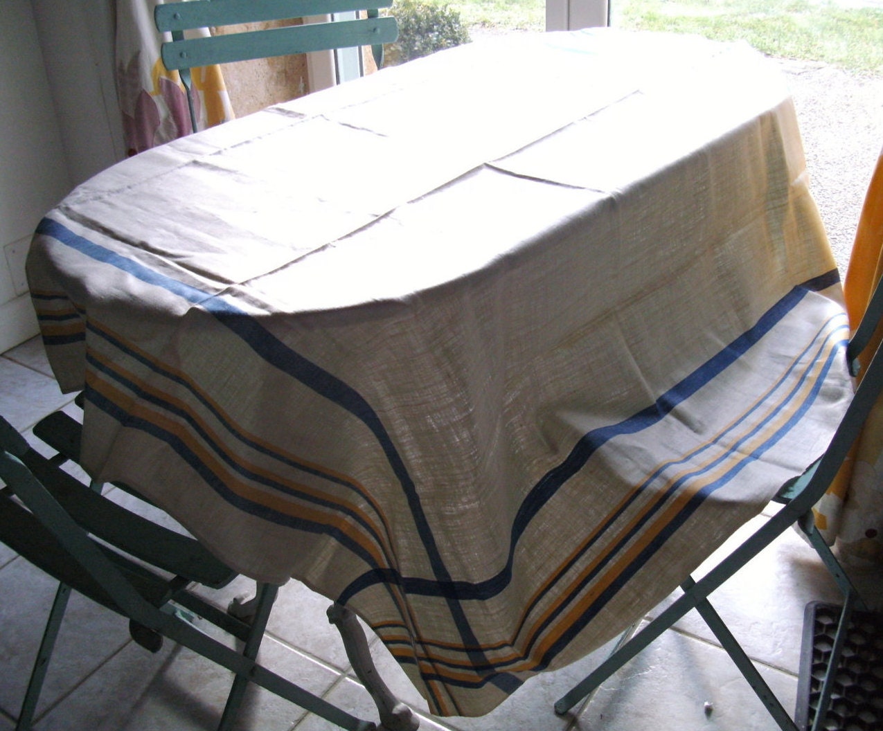 1950/60's Unused Vitré Linen. Gorg., Qual. Large Table de Lin/Tissu-Naturel Linge Crémeux/Jaune/Bleu