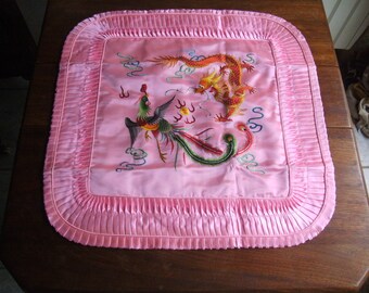1970s UNUSED-Stunning CHINESE square deep pink,embroidered silk/satin,"boudoir" cushion cover,lined pillow/cushion cover/ruched edges.Excel.
