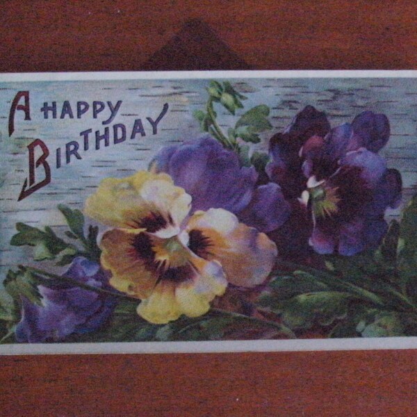 Années 1900-EDOUARDIEN Belles cartes postales d'occasion d'anniversaire antiques. Carte de « joyeux anniversaire » violette/jaune/pensées/altos/florale brillante.O/tout va bien.